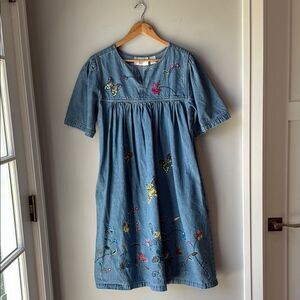 Victorian Era Jean Dress Denim Embroidered Floral Butterfly